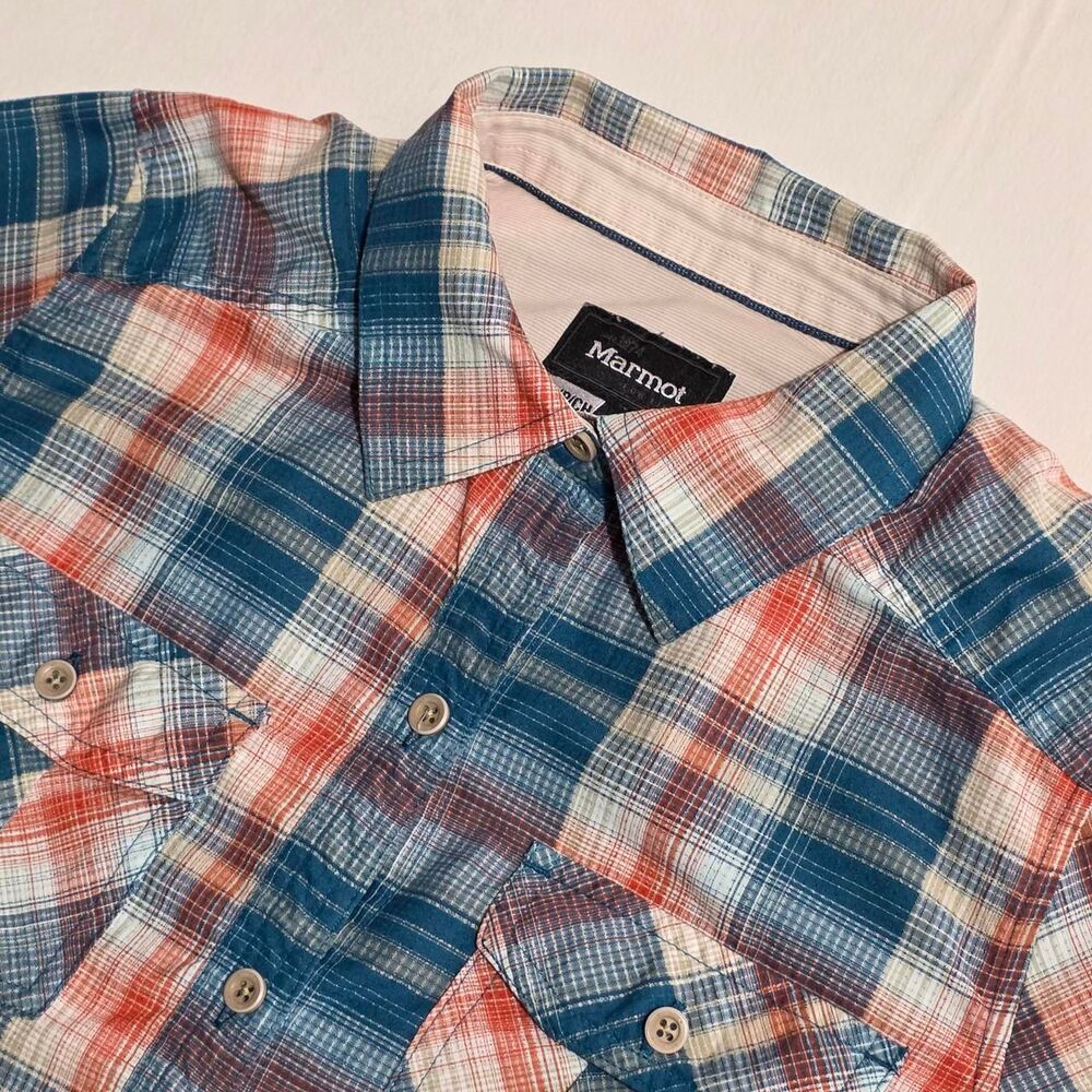 Marmot Women's Maggie Midweight Performance Shirt Blue/Orange Plaid Size Small